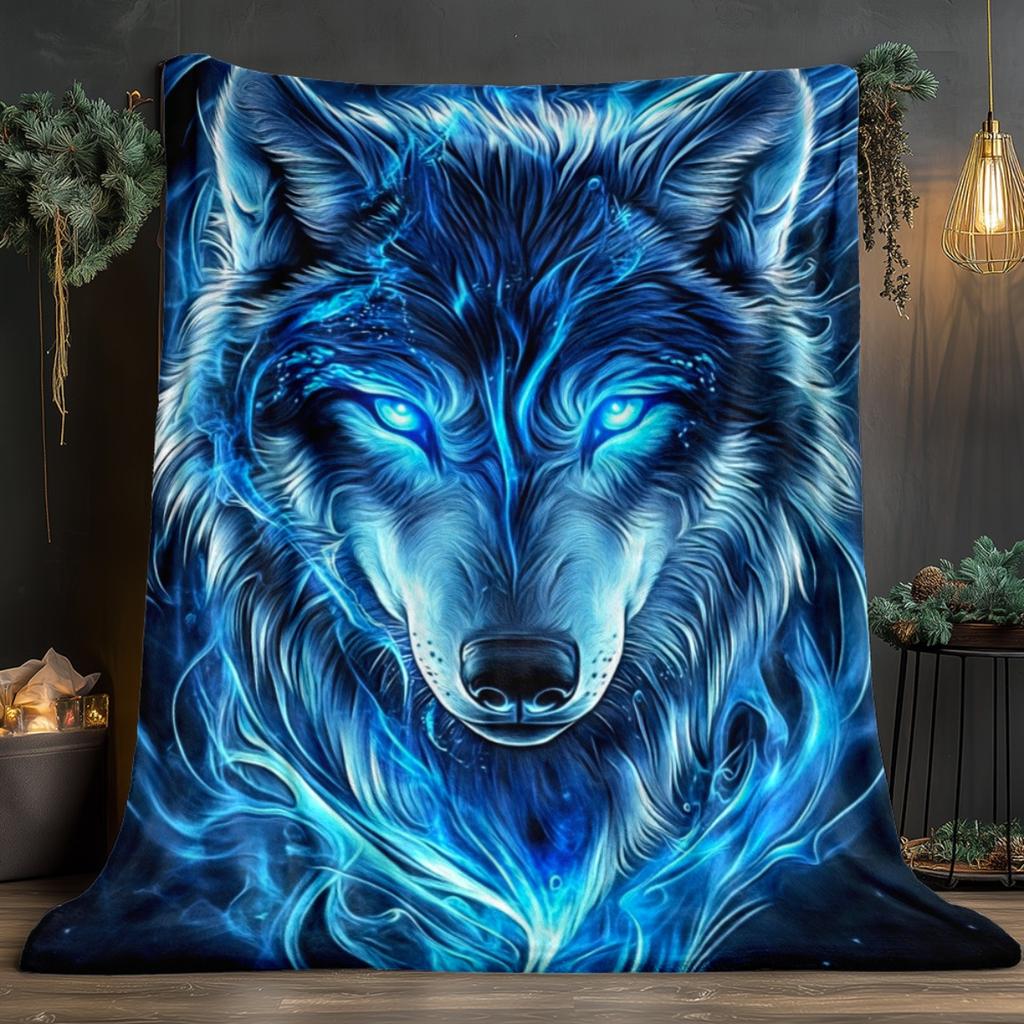 Blue Wolf Art Blanket Soft Fleece Throw Cover Bedding Home Decor Animal Print Cozy Warm Sleeping Quilt Living Room Decoration