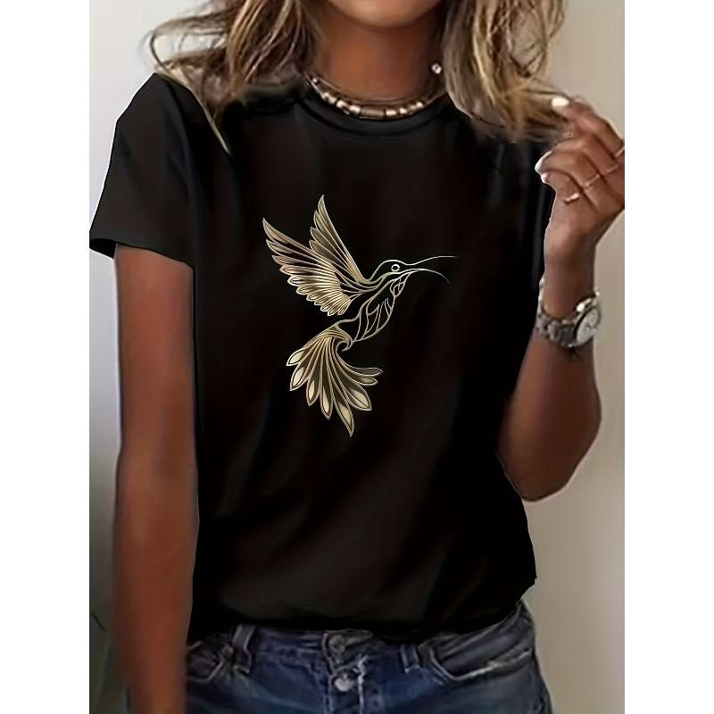 European Size Women's Flying Hummingbird Print T-Shirt - Short Sleeve Round Neck Casual Top, All Season Comfort, Machine Washable