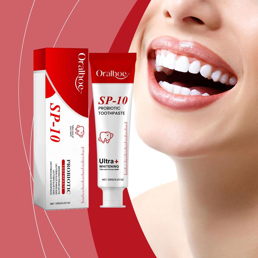 Oralhoe Probiotisk tannkrem renser skånsomt og pleier tennene dine for å redusere misfarging for langvarig munnpleie.
