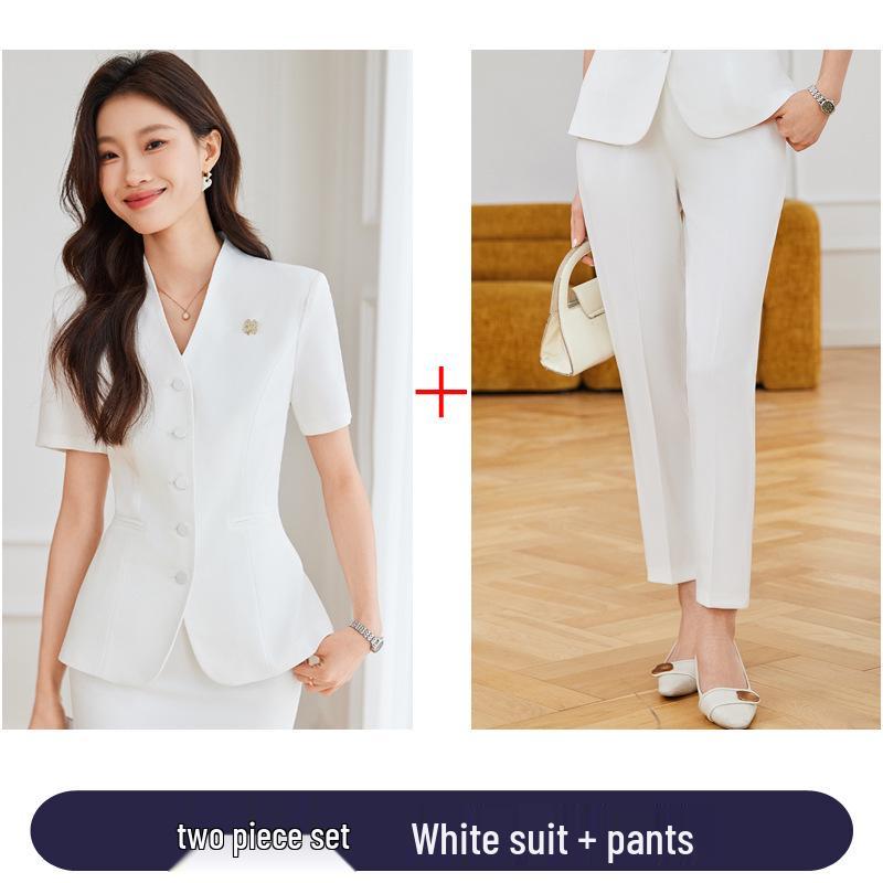 Women's Summer Short-Sleeved Suit Skirt Set - Professional Beautician and Salon Reception Workwear