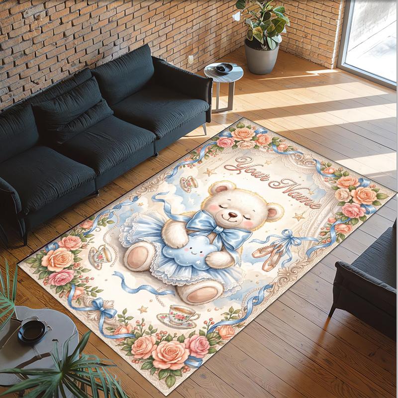 Teddy Bear Theme Crystal Velvet Rug Personalized Custom Name Text Soft Floor Mat Home Decor