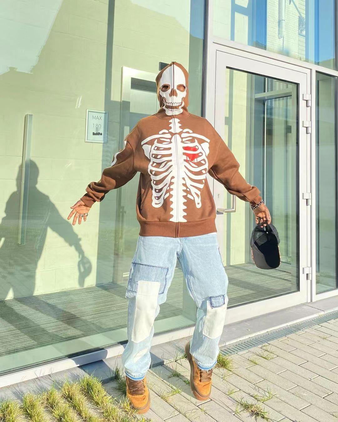 

Худи на молнии с принтом черепа и скелета Осень 2024 - Европейская и американская уличная одежда M коричневый