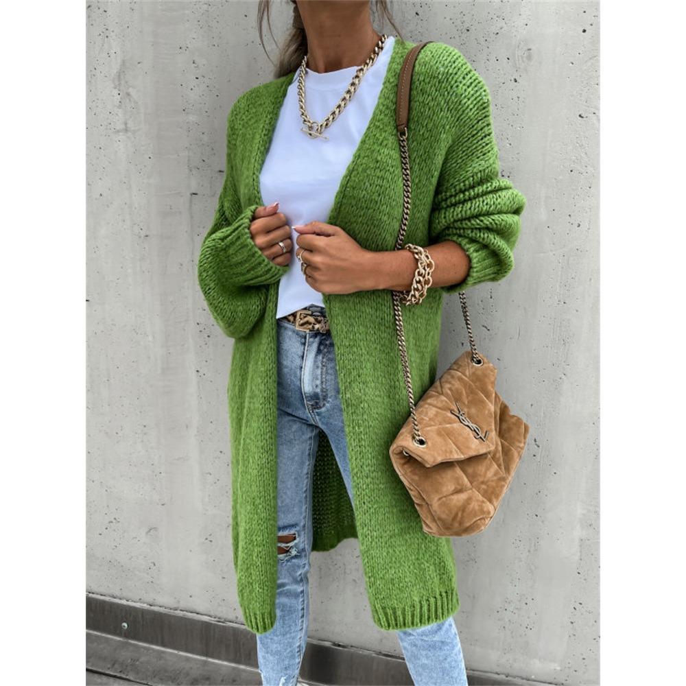 Neuer einfarbiger mittellanger Strick-Cardigan-Pullover für Damen im Herbst und Winter