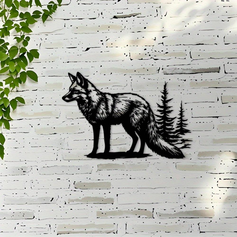 2D Flat Fox Pine Trees Metal Wall Art, Rustic Wildlife Silhouette Black Outdoor Decor for Living Room Cabin Office Indoor Outdoor Nature Inspired Sign