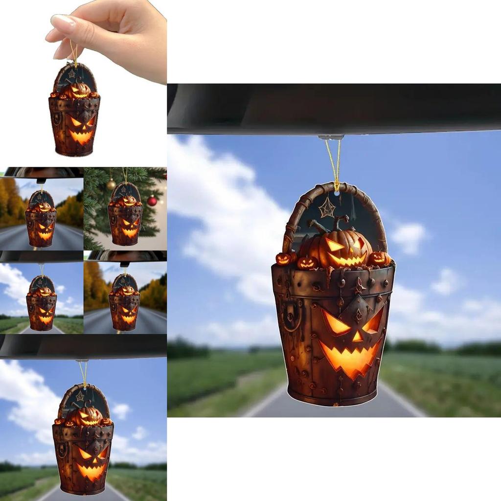 Acrylic Halloween Pumpkin Head Bucket Car Rearview Mirror Pendant With Cartoon Style For Vehicle Decor