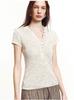 Minimalist Light Gap, Cotton and Linen Blend Sequined Fancy Yarn Front Shoulder Henry Collar Short-sleeved T-shirt Top Women