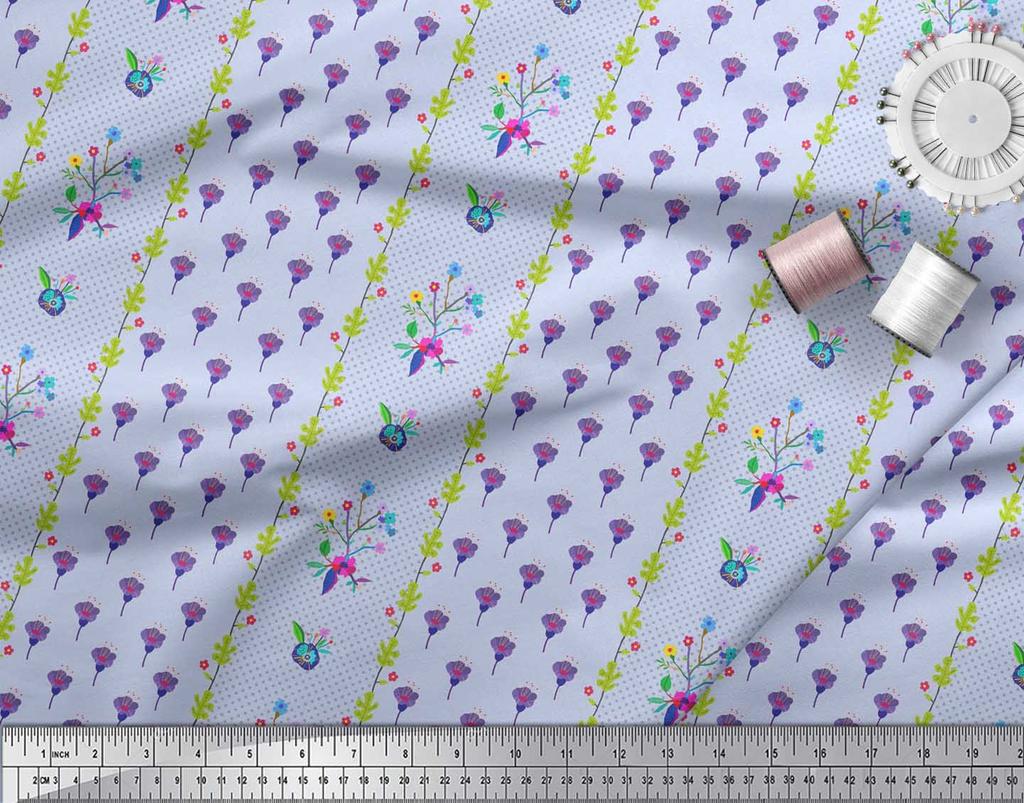 Soimoi Gray Japan Crepe Satin Fabric Stripe & Freesia Floral Print Fabric by Metre 42 Inch