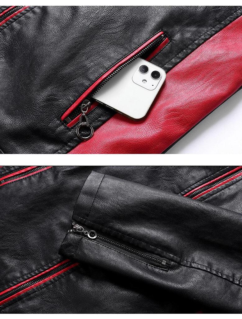 2025 Men's Color Block PU Leather Motorcycle Jacket - British Casual Style