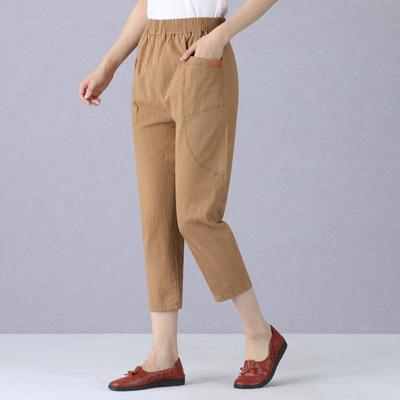 Pantaloni pentru mame de vârstă mijlocie și în vârstă, drepte, talie înaltă, culoare uni, bumbac spălat, in, pantaloni casual pentru femei în opt puncte