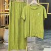 Embroidery Top Sleeved Wrinkle Short Straight Wide Leg Long Pants Set Woman Causal 2 Pieces Pajamas Home Wear Loungewear