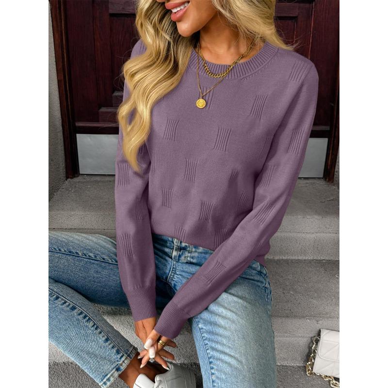 Women S Casual Knitted Pullover Sweater Round Neck Long Sleeve Solid Color