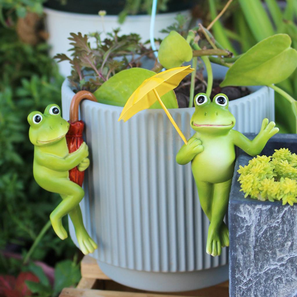 2Psc Flower Pot Edge Hanging Decoration Cute Umbrella Frog Figurine Outdoor Garden Gardening Bonsai Cartoon Animal Ornaments