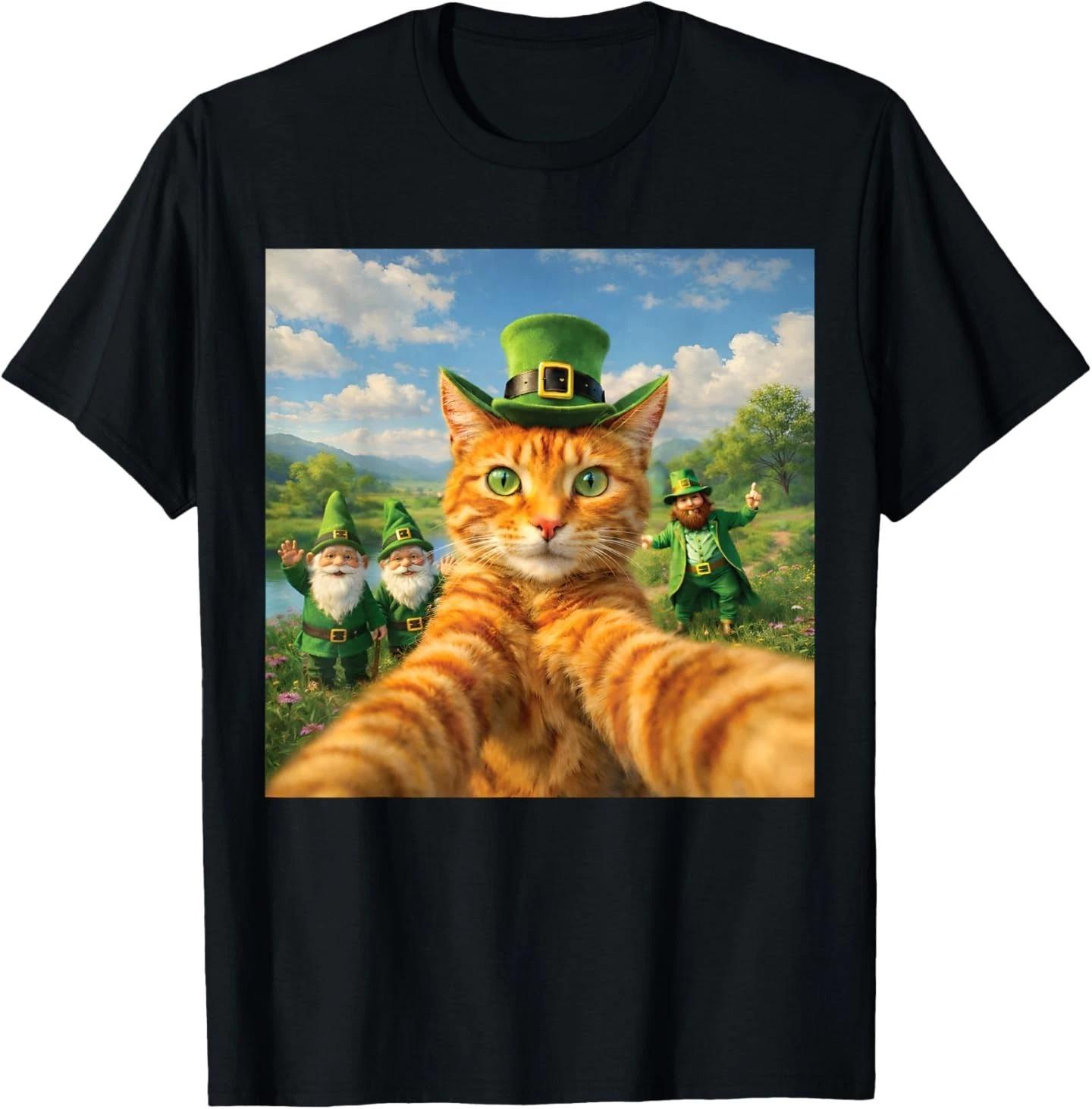 Funny St Patrick s Day Cat Selfie with Leprechaun T-Shirt 4XL