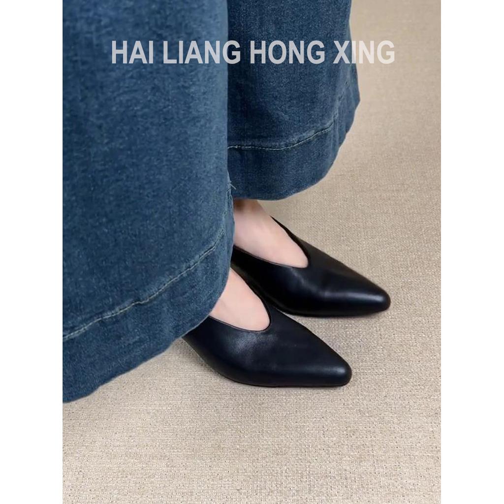 Sheepskin Version~ French Pointed Single Shoes Women's Shallow Mouth Versatile Temperament Commuter Shoes Retro Black Thick Heel High Heels