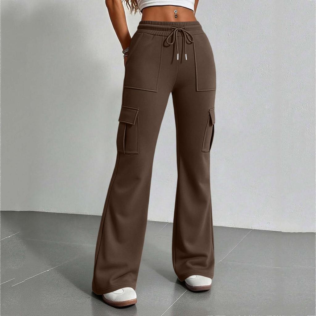 Women's High Waist Drawstring Casual Flared Pants with Pockets Loose Fit Wide Leg Trousers Elastic Waistband
