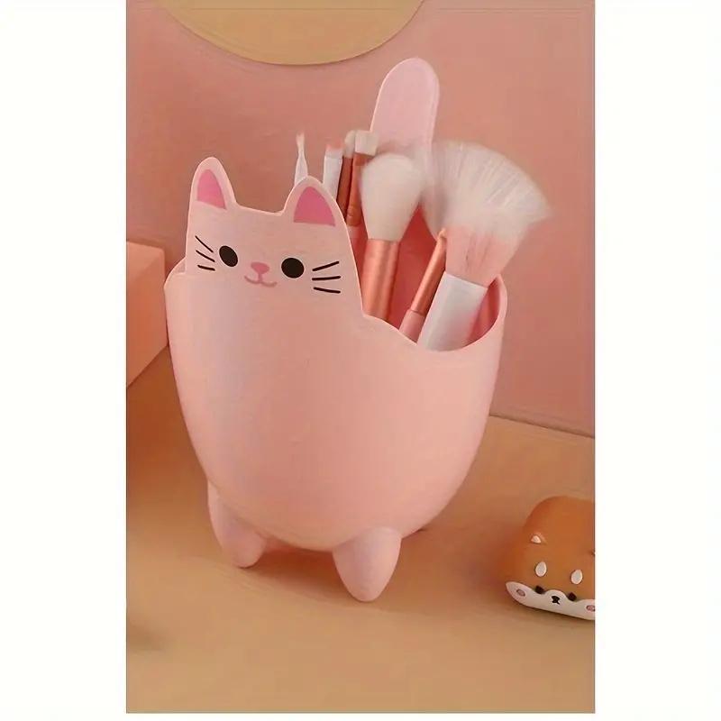1pc, Cute Cartoon Cat Desktop Storage Bin, Mini Trash Can, Multi-functional Makeup Organizer, Modern Plastic Holder For Office A