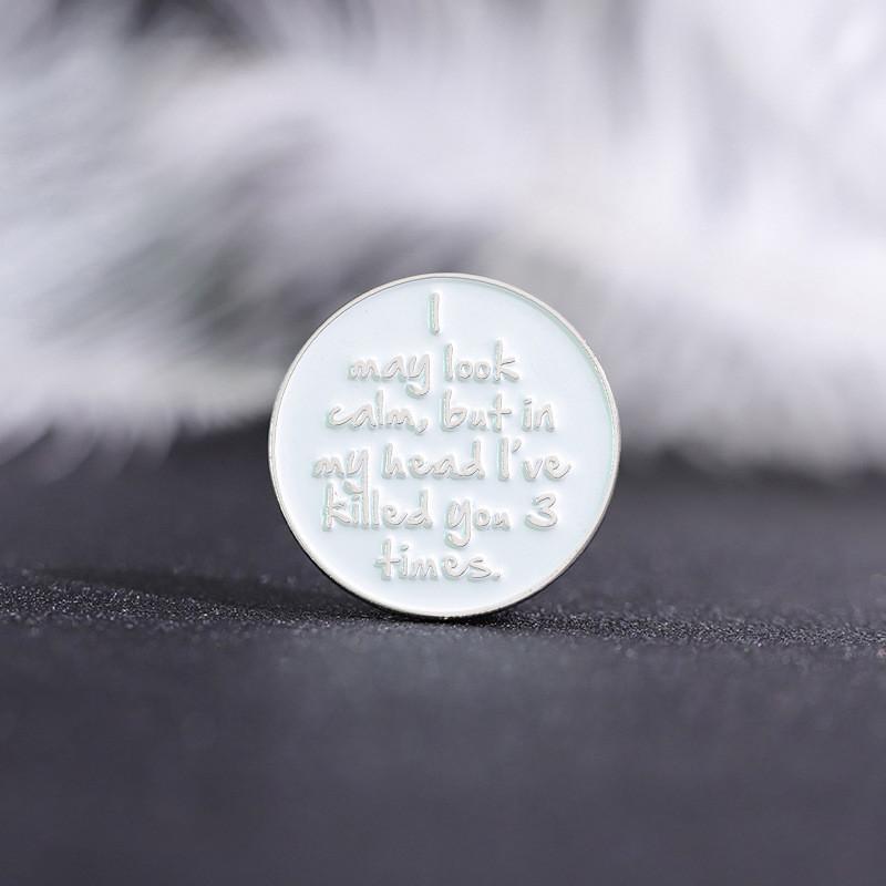 Chic Letter White Brooch Artistic Round Metal Pin Glossy Finish For Fashion Lovers