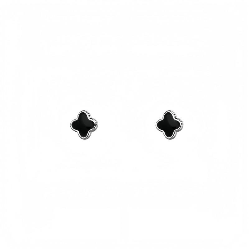 Silver Needles Black Four-leaf Clover Stud Earrings - No Need To Remove The Ear Bar Studs or Ear Rings When Sleeping