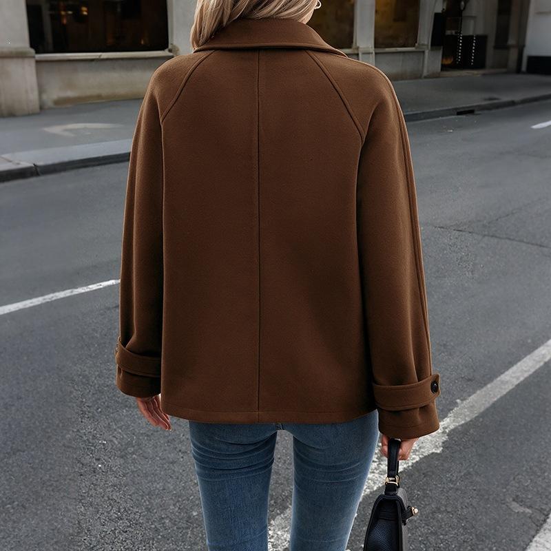 New Style Solid-colored Woolen Coat with Turned Collar and Buttoned Front, Mid-length, Women's Coat