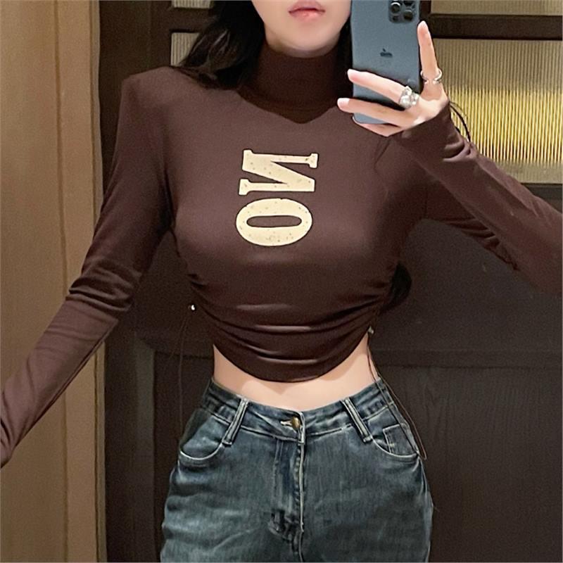 

Women s Slim Fit High Neck Letter Print Long Sleeve Top - New for Autumn/Winter 2023, Chic & Beautiful Undershirt S