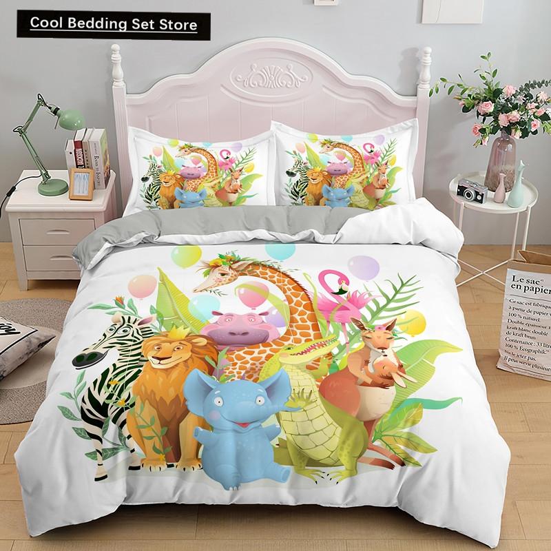 Federa per piumino a forma di giraffa cartone animato King Queen Animali Tropicali Set Biancheria da letto per Bambini Ragazzi Ragazze Adorabile Fauna Selvatica Poliestere Copripiumino