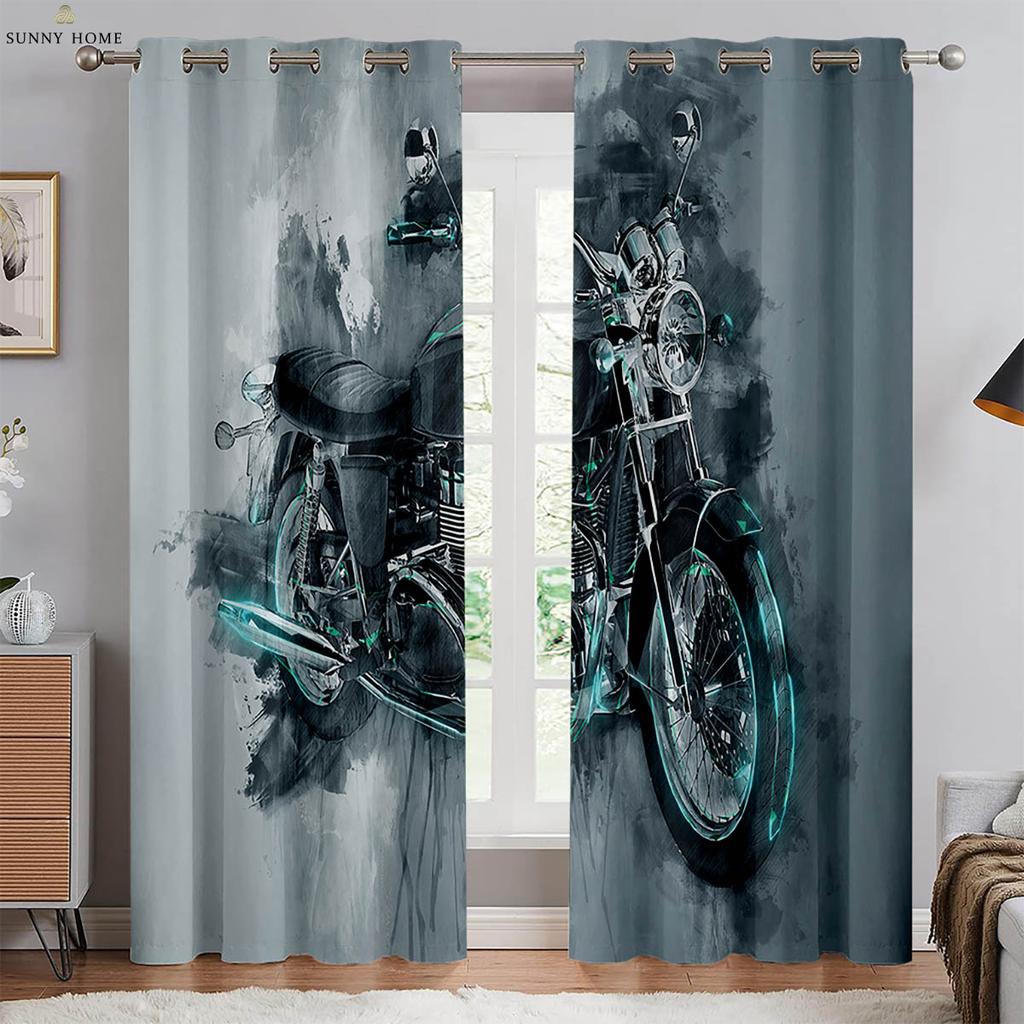 Cool Motorcycle 3D Printed Curtains 100% Polyester Bedroom Living Room Kitchen Club Window Decoration Curtains 2pcs