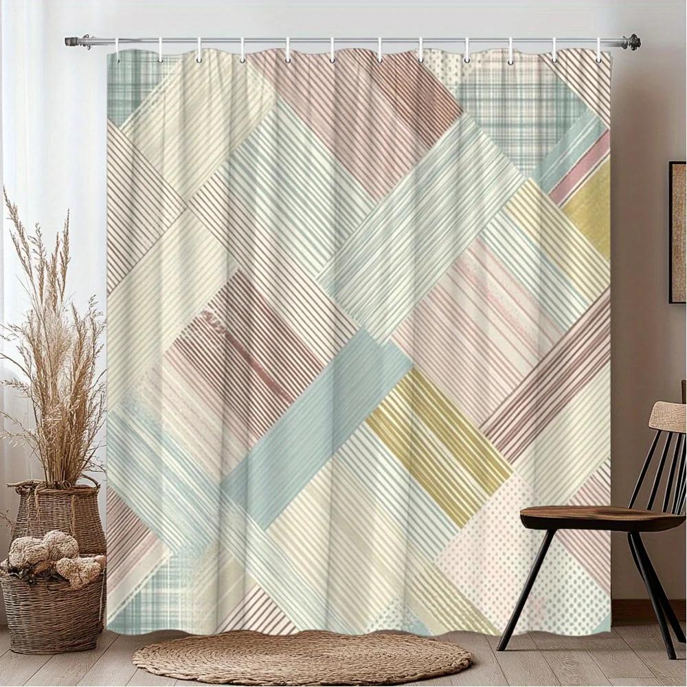 

Retro Tiles Shower Curtain - Pastel Stripes Geometric Pattern, Vintage Style, Polyester, Machine Washable,Modern Bath Decor W90xH180cm