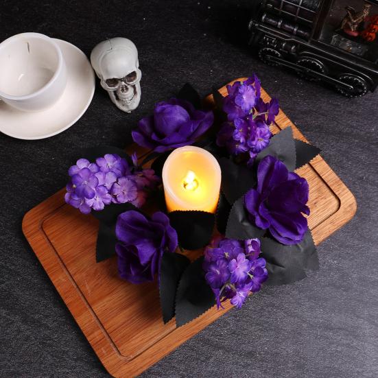 Halloween Candle Rings Wreath Artificial Purple Rose Black Leaves Candle Holder Wreath for Halloween Table Centerpieces