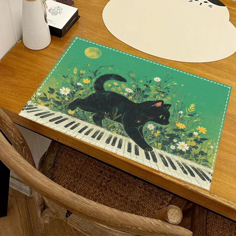 1PC Cartoon Black Cat Print Placemat Dining Table Decor Linen Tableware Coaster Set Kitchen Accessories For Kids Birthday Party