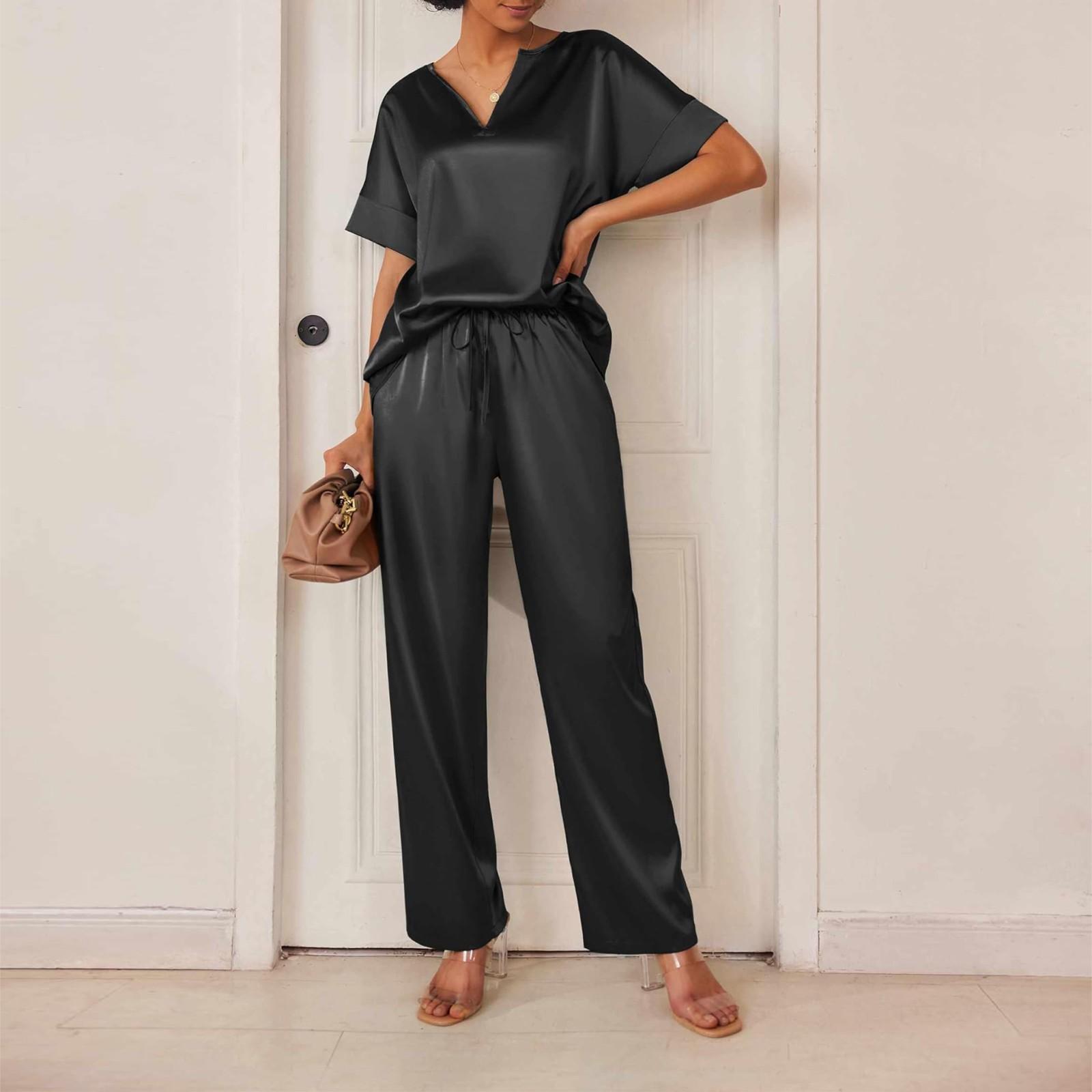 

Женская шелковая рубашка с коротким рукавом и V-образным вырезом, длинные брюки, мягкий комплект домашней одежды XL чёрный