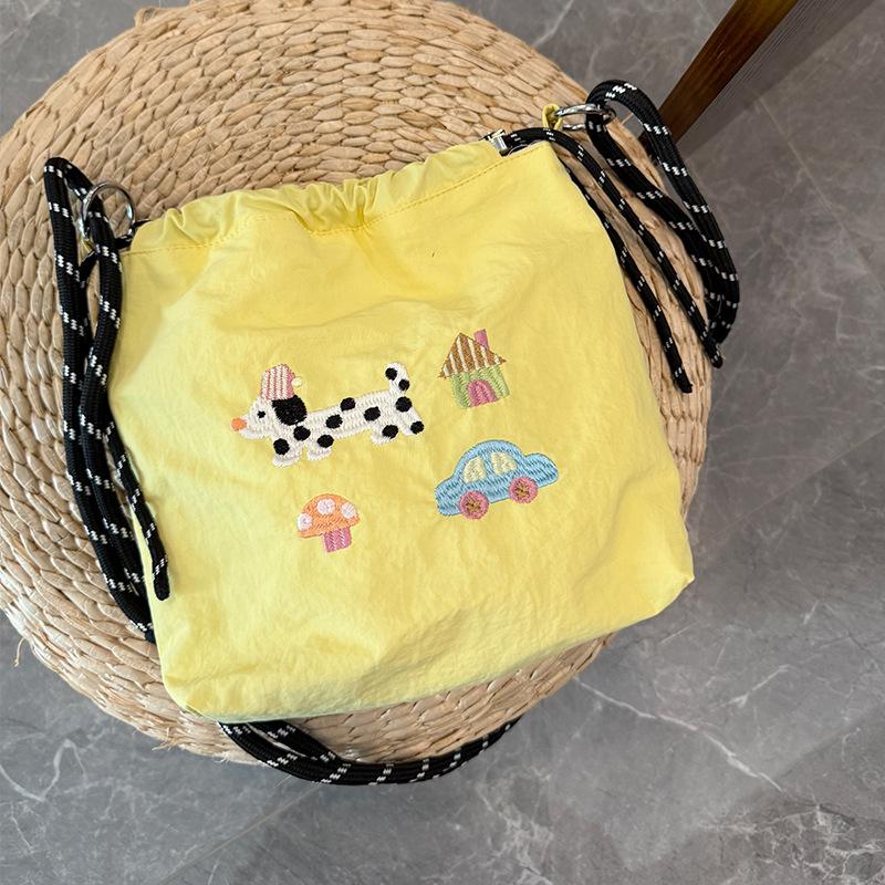Cute Embroidery Women'S Drawstring Shoulder Bag Cartoon College Girls Book Tote Shopping Bags Large Capacity Female Handbags