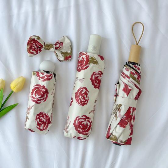 Paraply Kompakt Sammenleggbar Reise Paraply UV-beskyttelse Vindtett Retro Rosemønster Paraply for Utendørs