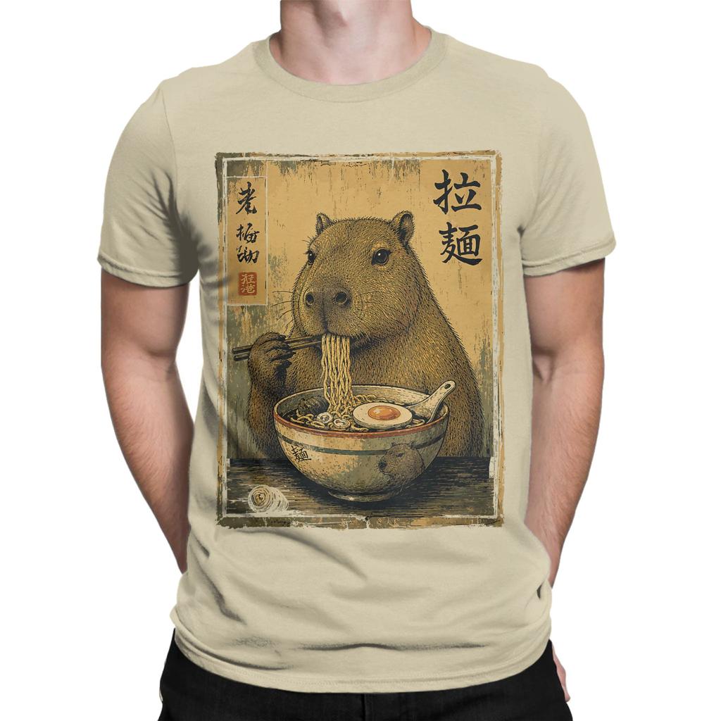 Unisex Cute Capybara Raunisex Noodles Japanese Food Animal T Shirt Cotton Clothes Short Sleeve Crew Neck Tee Shirt Printed Tshirt