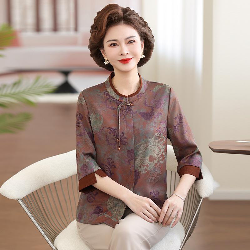 Chinese Style Summer Loose Three-Quarter Sleeve Shirt for Middle-Aged and Elderly Women