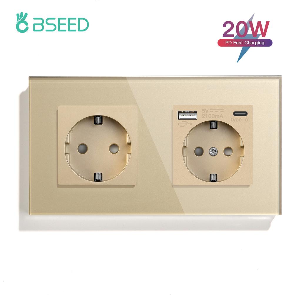BSEED Double EU Wall Socket Type-c USB Power Sockets Android Apple Mobile Phone Charging Ports Glass Panel 16A