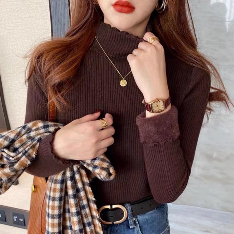 Autumn Half High Neck Velvet Pullover Sweaters Women Tops Long Sleeve  Fleece Knitted Sweater Woman Fashion Elegant Winter Knitwear Jumpers 24953