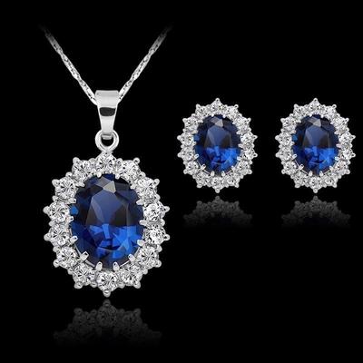 Bridal Fashion Jewelry Sets For Women Blue Full Crystal Flower Pendant Necklace Earring Set