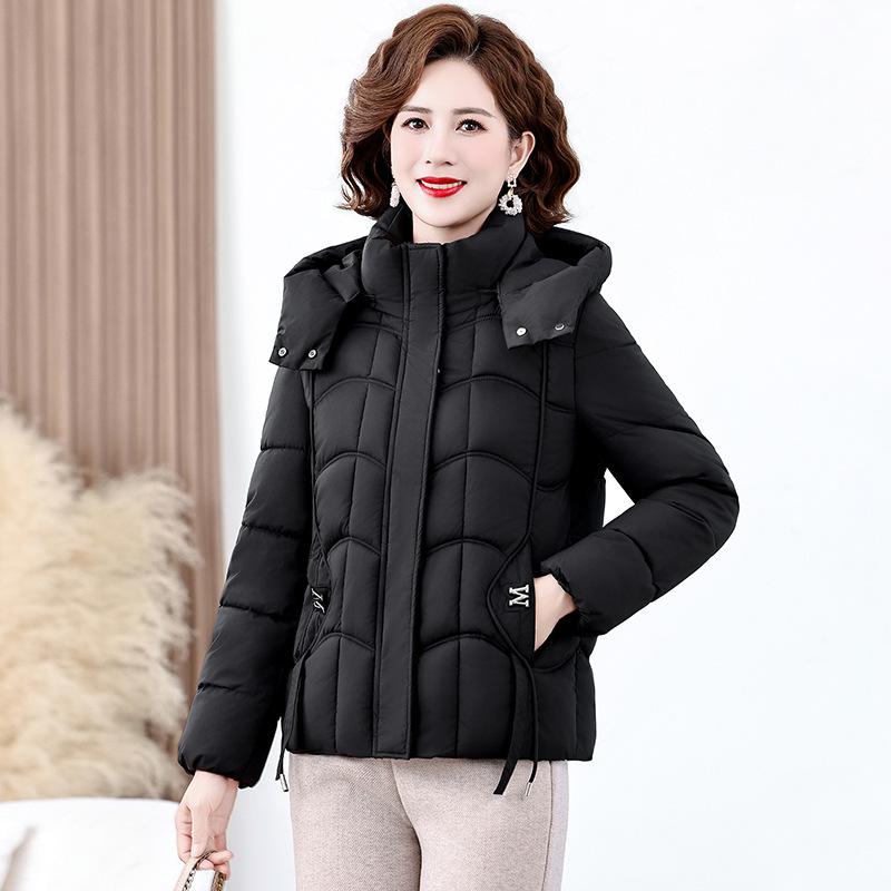 Fashion warm thickened short middle-aged and elderly hooded down cotton clothes, small thickened mother clothes in winter