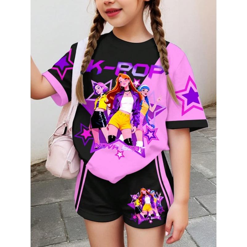 Kpop Cartoon Graphic Girls T-Shirt and Pants Set Girls' Summer Clothing Cute Short Sleeve Set Children's T-Shirt and Shorts Set