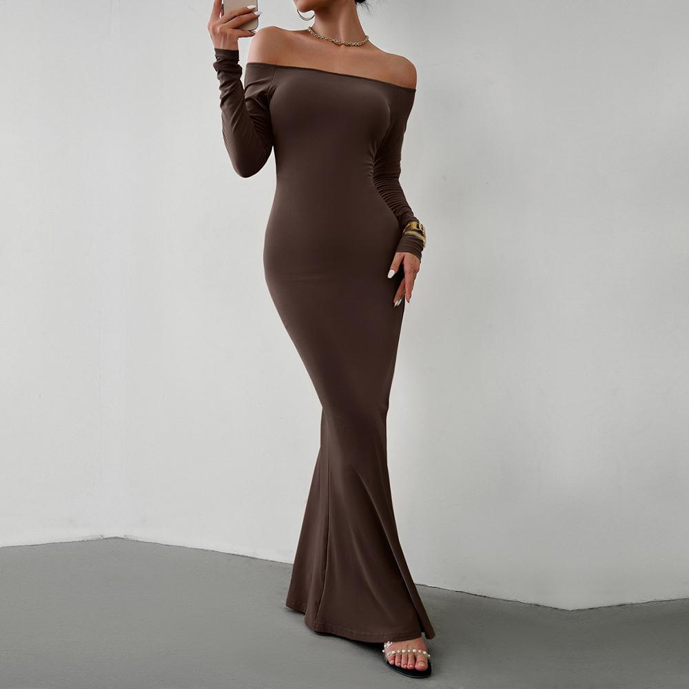 Dámské podzimní zimní sexy elegantní úzké úzké šaty s dlouhým rukávem bez ramen