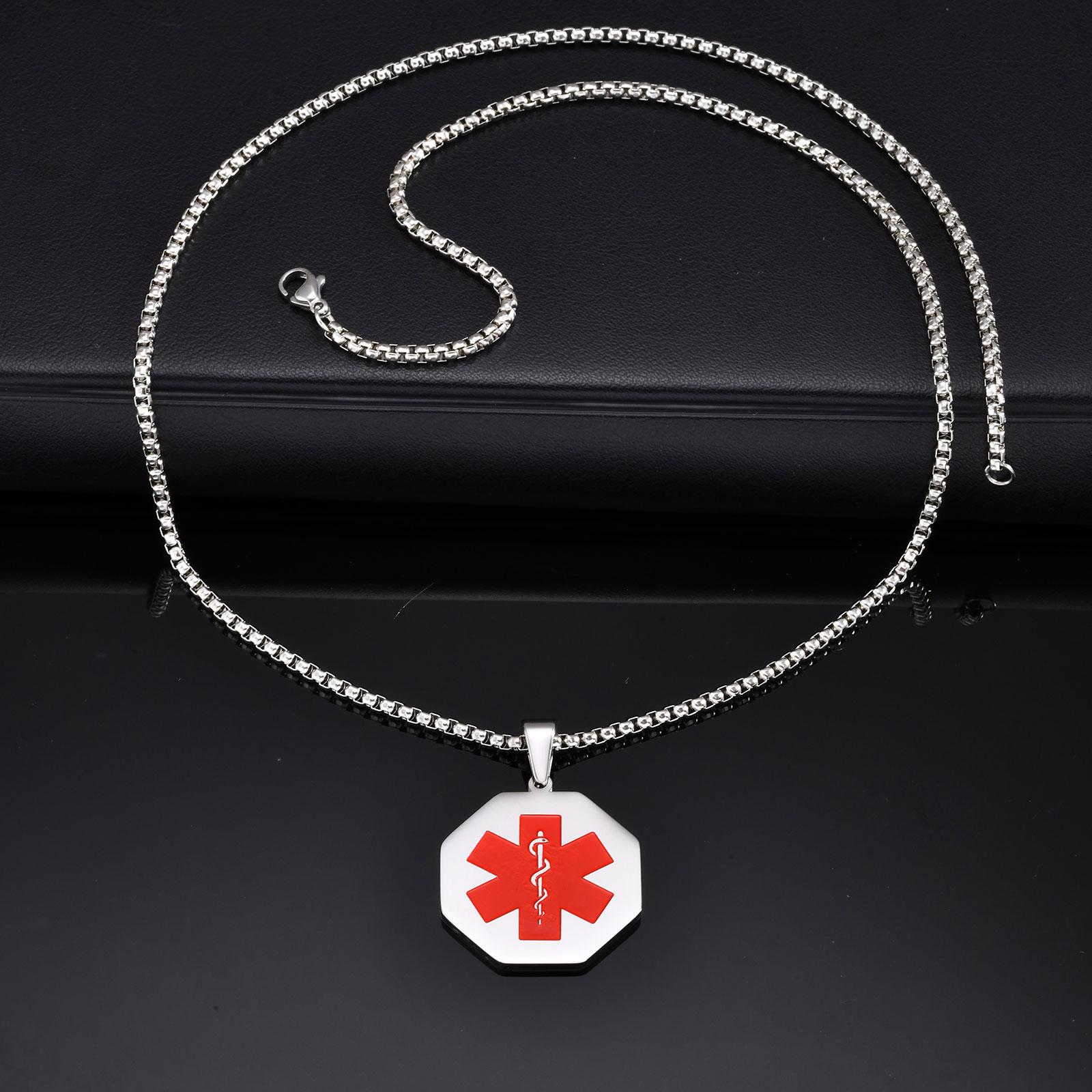 

Free Engraving Custom Text Name Medical Alert Pendant Necklace for Women Men Emergency Remind Personalize ID Necklace Jewelry 60cm