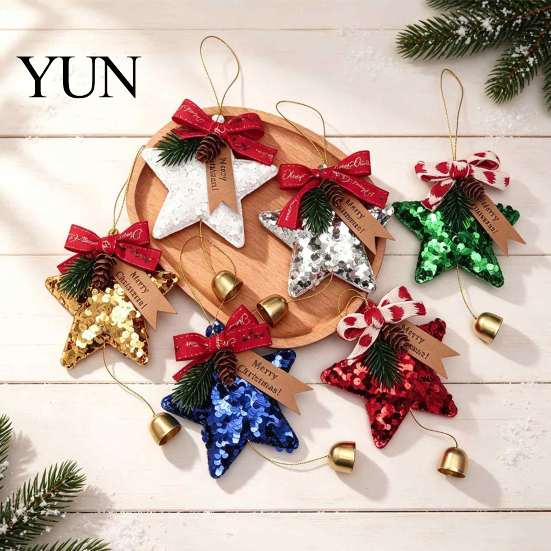 Durable Polyester Ornaments Glitter Star Bell Ornaments, Sequin Hanging Decoration with Bow Pine Reusable Holiday Cone, Sparkly Christmas Tree Pendant