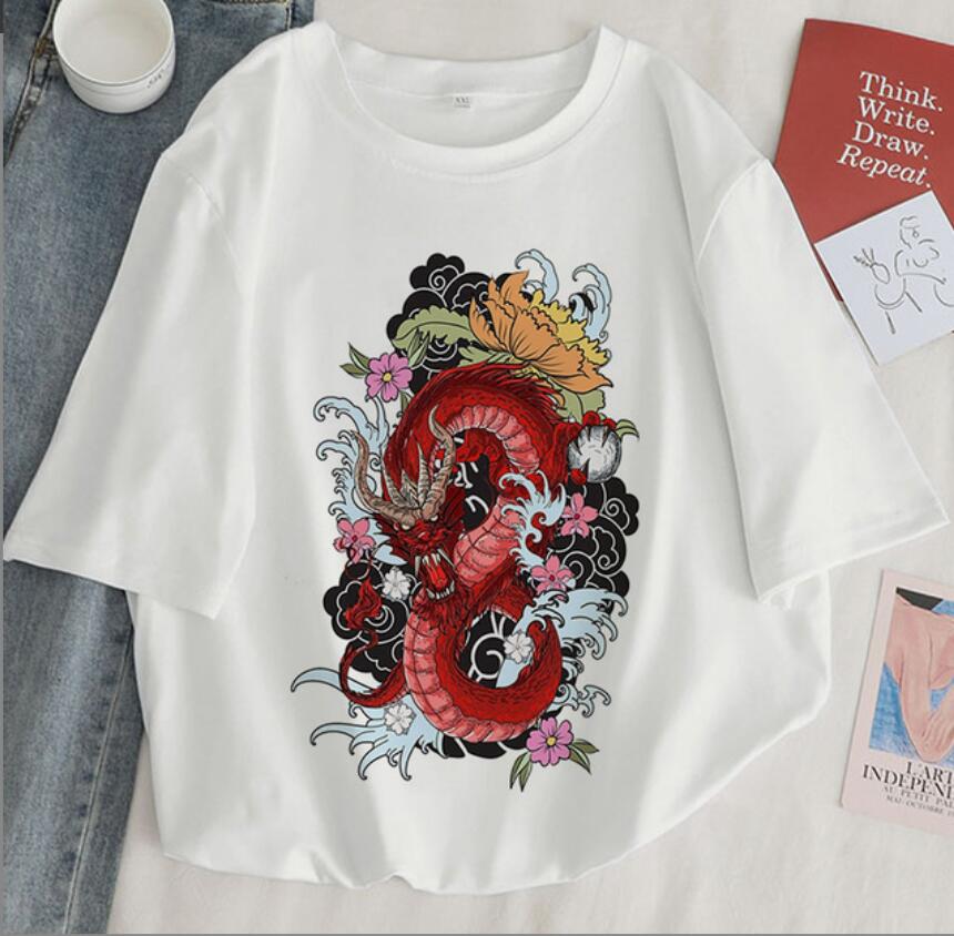 Damen Harajuku Y2K Oversized T-Shirt Drache Goth Anime Grafik-T-Shirt Vintage pro Choice Sommer Poly-Baumwoll-Set Oberteile