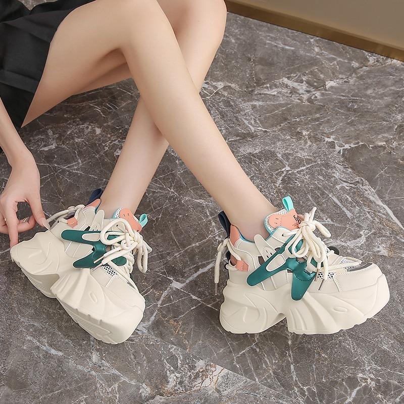 Fashion New Spring Mesh Sneakers Women Bling Platform Sports Shoes Woman Goth Thick Bottom High Heels Female 8CM Summer Hollow Sneakers
