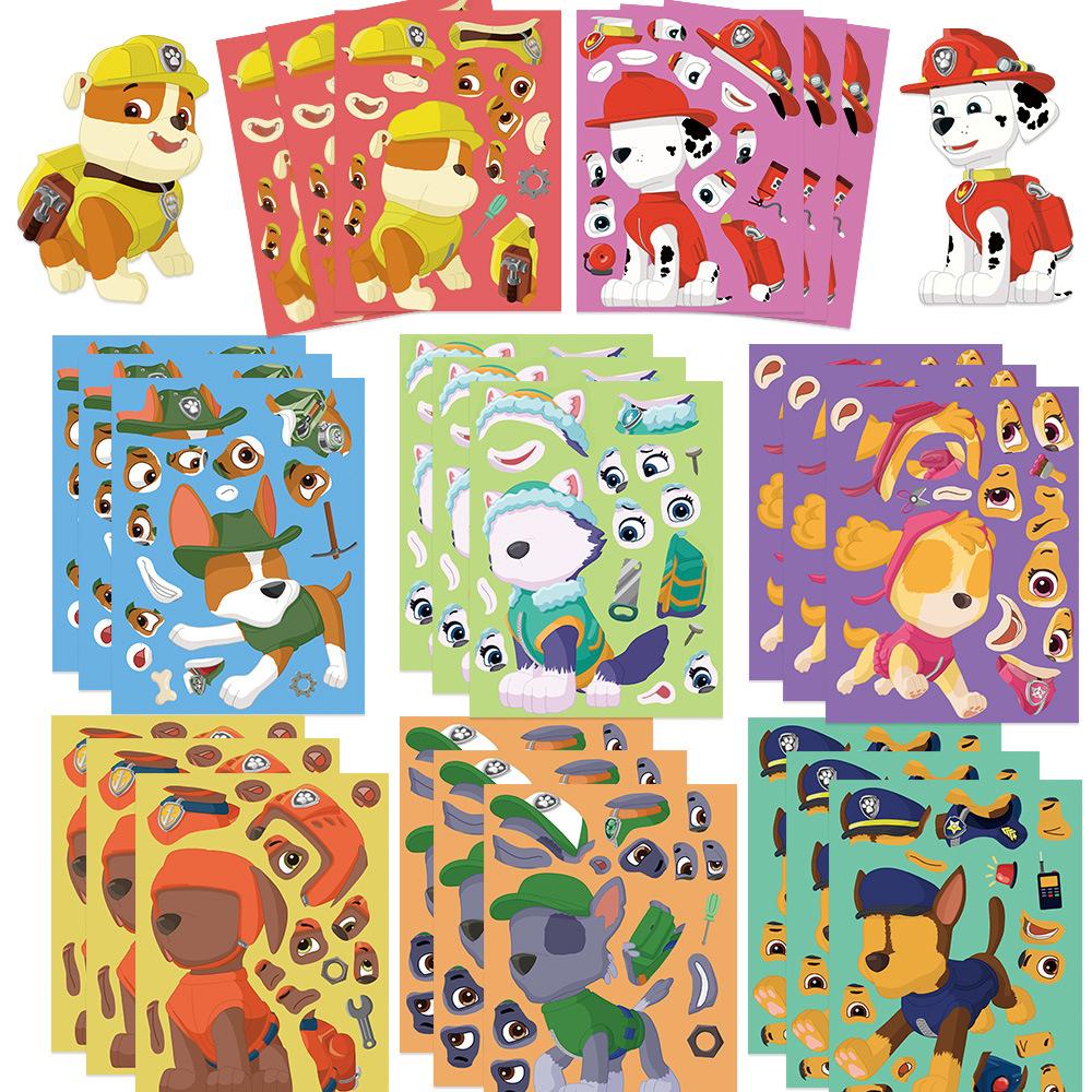 6/8/12/16pcs PAW Patrol Puzzle Anime Stickers DIY Ryder Chase Make-a-Face Assemble Funny Cartoon Decal Assemble Jigsaw Sticker