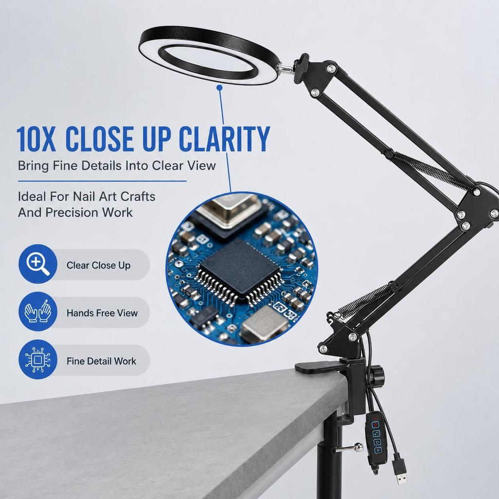 10X Magnifying Desk Lamp Metal USB Clamp Light for Crafts