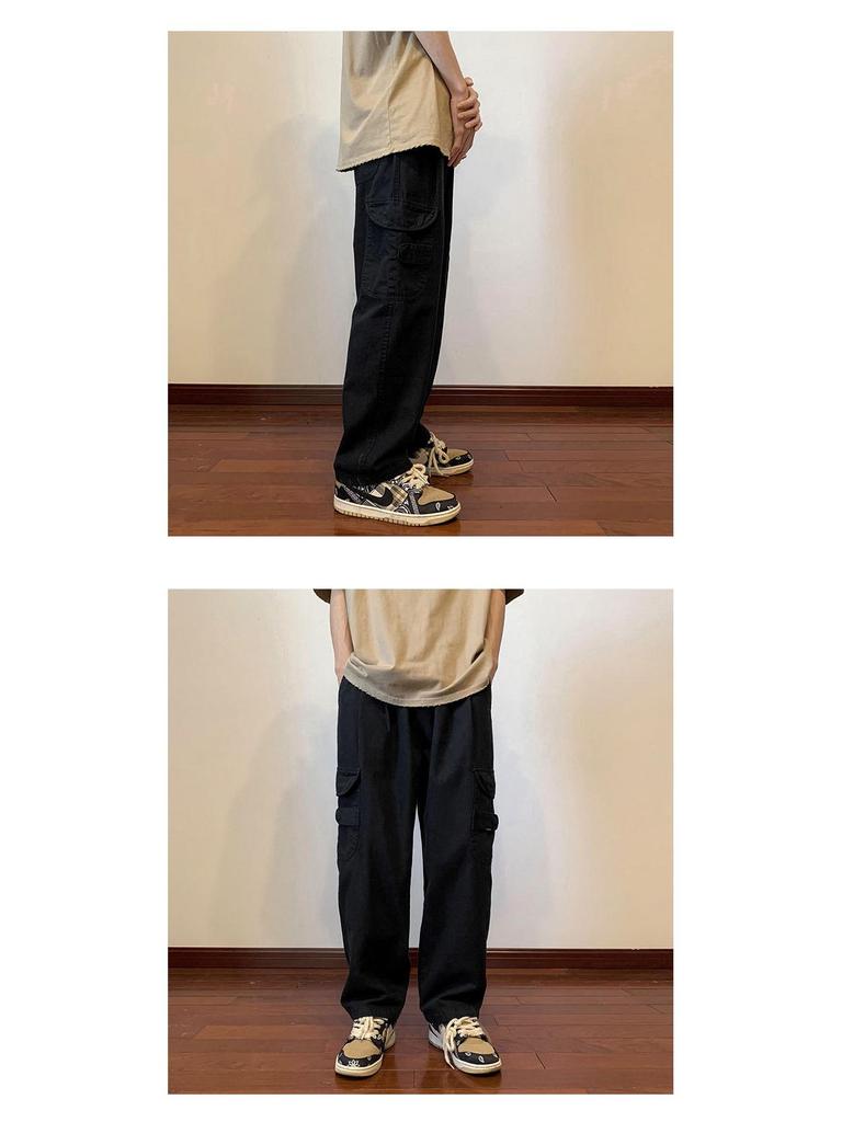 Men's Military Green Summer Cargo Pants - Thin Straight-Leg, Japanese Cityboy Style, Retro American Street Skateboard Design