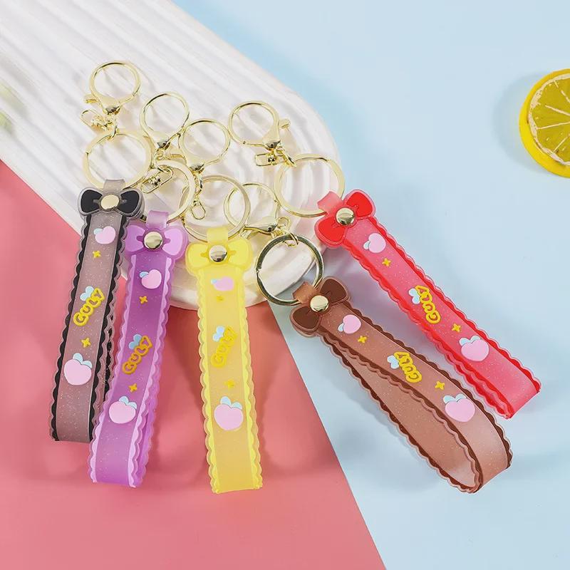 Silicone Glitter Bow Keychain with Leather Strap - Cartoon Style Gift Accessory