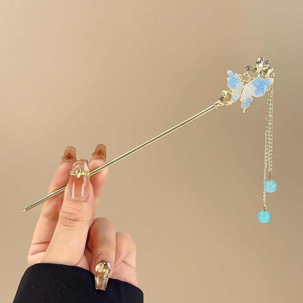 A Niche High-end Blue Shattered Crystal Women's Alloy Hairpin with Antique Style Tassels And Fresh Ocean Style Hair Accessories