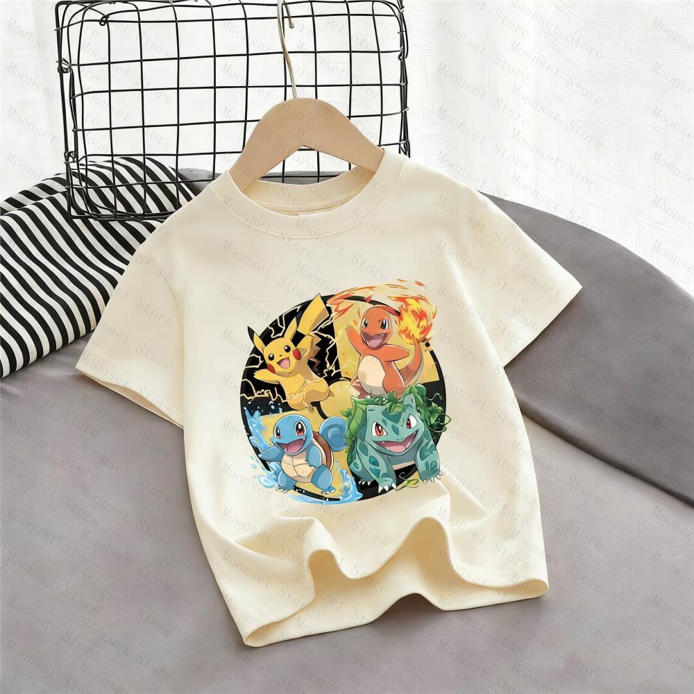 2026 Kids Pokemon T-Shirt Pikachu Charmander Squirtle Bulbasaur Graphic Tee Boys Girls Summer Short Sleeve Adult Casual Tops